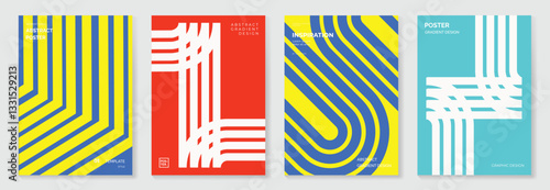 Abstract line sport poster background vector set. Minimalist cover template with vibrant perspective line wave in motion. Ideal design for social media, cover, banner, flyer, ads.