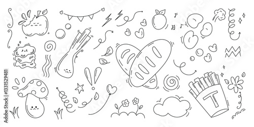 Set of cute pen line doodle element vector. Hand drawn doodle collection of speech bubble, mushroom, apple, french fries, bread, arrow. Design for decoration, sticker, idol poster, social media.