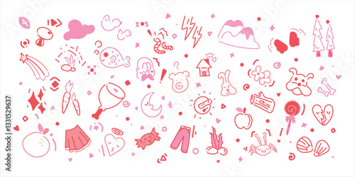 Set of cute pen line doodle element vector. Hand drawn doodle collection of speech bubble, mushroom, apple, french fries, fish, arrow. Design for decoration, sticker, idol poster, social media.