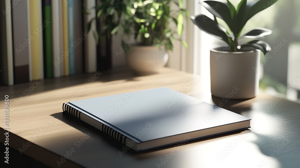 White notebook mockup placed on a simple desk with a soft natural light illuminating it White notebook mockup placed on a simple desk with a soft natural light illuminating it