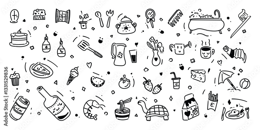 Fototapeta premium Set of cute pen line doodle element vector. Hand drawn doodle collection of speech bubble, mushroom, apple, french fries, turtle, arrow. Design for decoration, sticker, idol poster, social media.