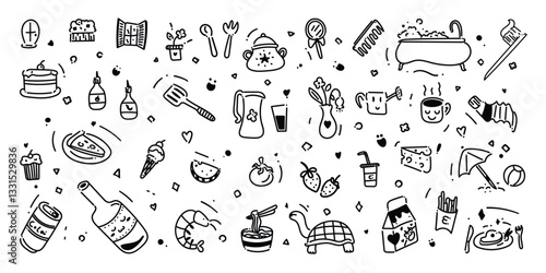 Set of cute pen line doodle element vector. Hand drawn doodle collection of speech bubble, mushroom, apple, french fries, turtle, arrow. Design for decoration, sticker, idol poster, social media.