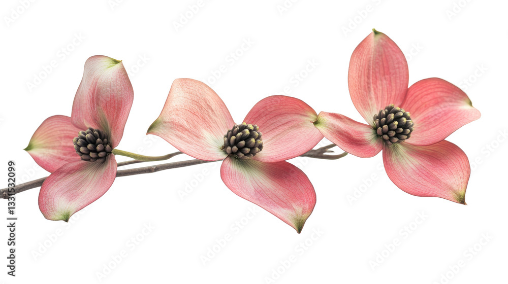 A branch adorned with three delicate pink dogwood flowers is presented against a clean background. Their soft petals and dark centers highlight the elegance of spring's floral display A branch adorned with three delicate pink dogwood flowers is presented against a clean background. Their soft petals and dark centers highlight the elegance of spring's floral display