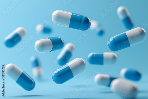 Falling blue and white medical pills on a light blue background