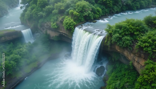 A beautiful green waterfall cascades over mossy rocks, flowing through a lush forest landscape