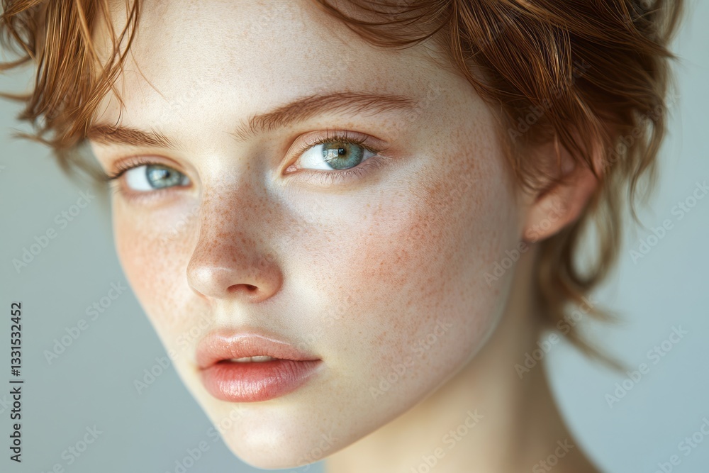 Fototapeta premium Close up portrait of a beautiful young woman with freckles