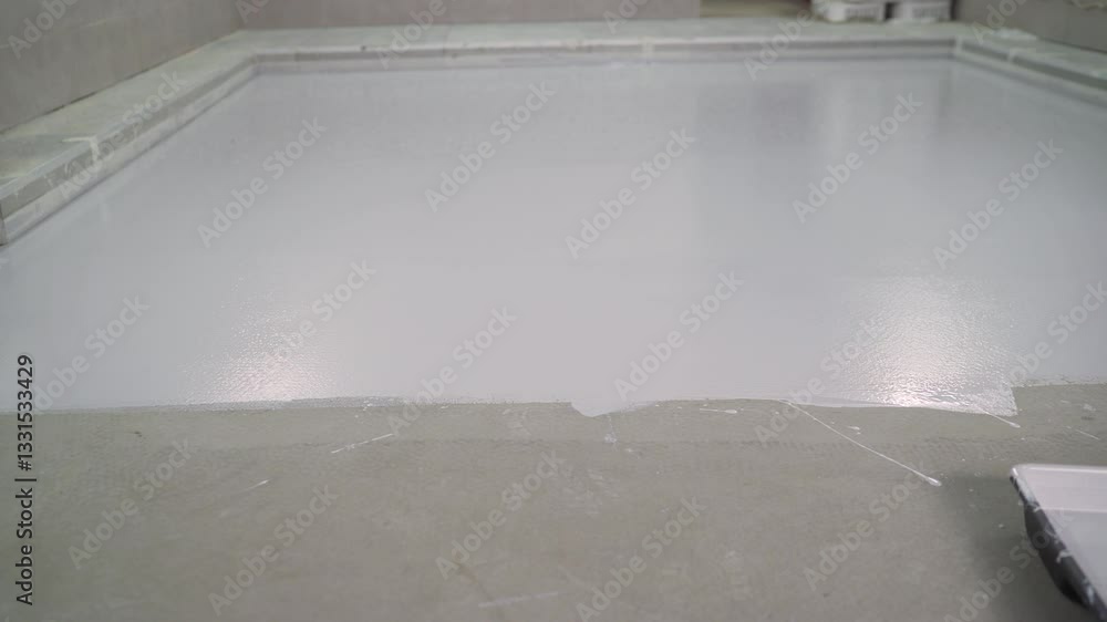 Worker applying epoxy resin on concrete floor Worker applying epoxy resin on concrete floor