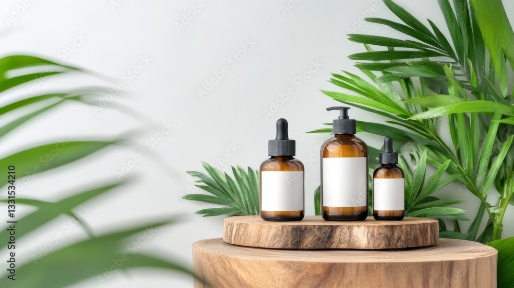 Amber glass bottles with white labels, displayed on a wooden platform, surrounded by tropical foliage against a white background Amber glass bottles with white labels, displayed on a wooden platform, surrounded by tropical foliage against a white background