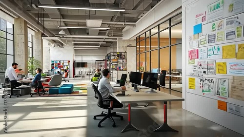Modern creative office space with collaborative teams, colorful wall art, and bright natural light