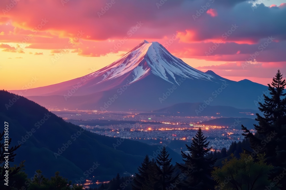 Fototapeta premium Mountain landscape blended with city skyline at sunset, urban, double exposure