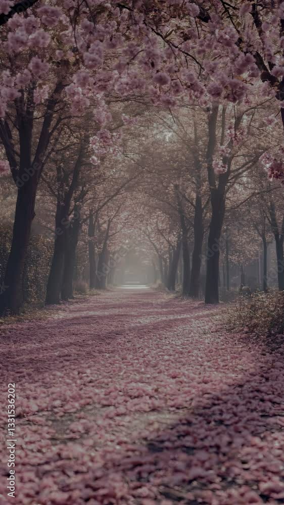 Stunning cherry blossom path in spring with vibrant petals covering the ground Stunning cherry blossom path in spring with vibrant petals covering the ground