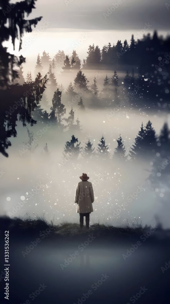 Dreamlike image of a person in a foggy forest, wearing a beige coat – Perfect for peaceful outdoor themes, meditation, or escape into nature. Dreamlike image of a person in a foggy forest, wearing a beige coat – Perfect for peaceful outdoor themes, meditation, or escape into nature.
