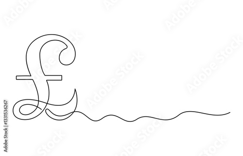Continuous line drawing of pound sterling symbol. Line art of pound coin sign, pound sterling sign continuous one line drawing,