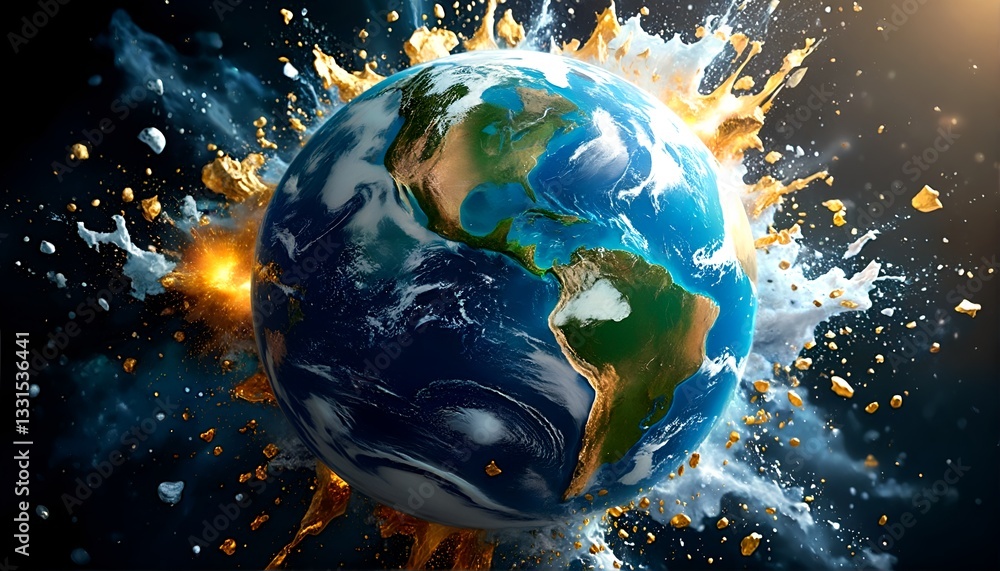 Naklejka premium A dramatic illustration of Earth breaking apart.