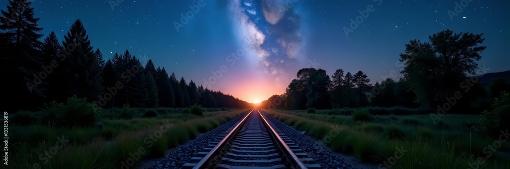 Fototapeta premium Illuminated train tracks under the summer Milky way beauty, travel, stars