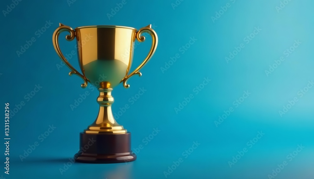 Gold winner cup on blue background with reflection, achievement, competition Gold winner cup on blue background with reflection, achievement, competition