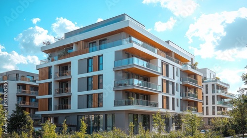 This striking new construction boasts modern aesthetics with sleek lines and spacious balconies, harmonizing with lush greenery under a clear blue sky, inviting a vibrant community atmosphere