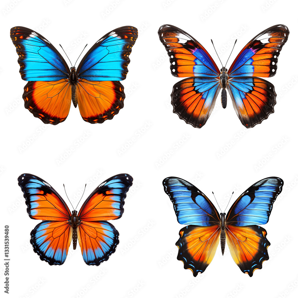 Obraz premium Four Vibrant Blue and Orange Butterflies Isolated on Transparent Png Collection of tropical insect wings