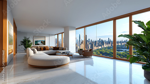 Luxurious penthouse living room with stunning skyline view urban setting interior design modern aesthetic from a cozy perspective
