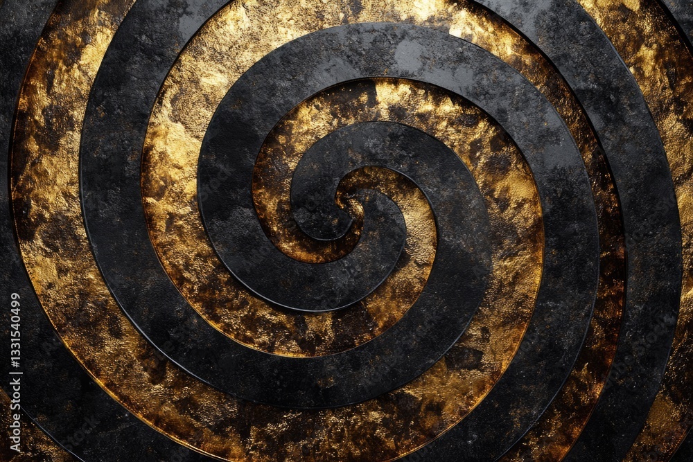 A geometric pattern of interlocking spirals in black and gold on a dark background A geometric pattern of interlocking spirals in black and gold on a dark background