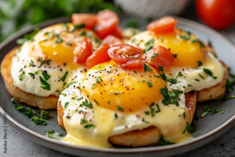Delicious eggs benedict served on a grey plate with fresh tomatoes and herbs, a perfect breakfast choice for any morning Delicious eggs benedict served on a grey plate with fresh tomatoes and herbs, a perfect breakfast choice for any morning
