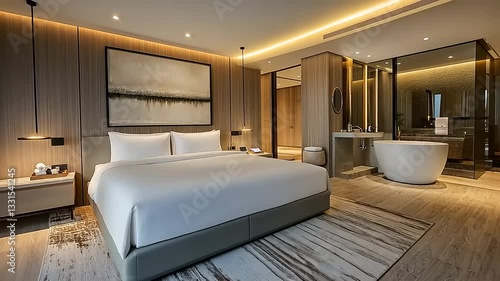 Modern hotel bedroom featuring a king-sized bed, elegant decor, and a spacious bathroom area