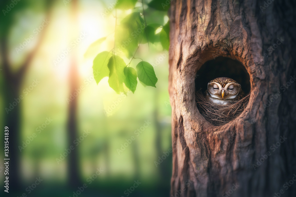 Little owl sleeping peacefully in its nest inside a tree hollow, enjoying the warmth of a sunny day