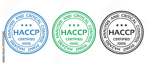 HACCP certified stamp. Food safety system sticker. Quality warranty badge. Hazard analysis and Critical Control Points emblem icon. Round seal imprint on white background. Vector illustration.