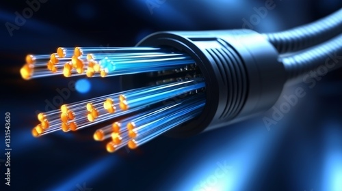  Close-up of glowing fiber optic cables transmitting data, isolated against a futuristic blue background, representing high-speed internet, communication, and technology.