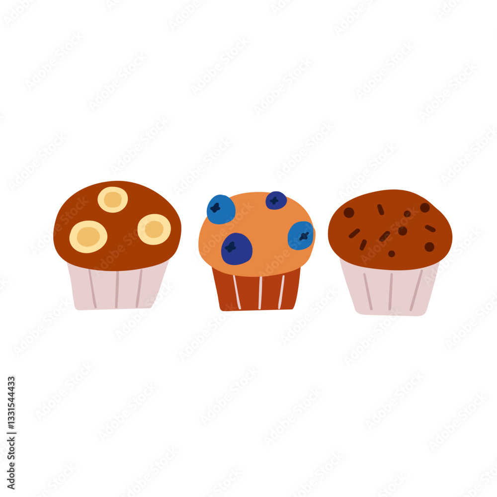 Collection of muffins Blueberry, banana, chocolate. Hand drawn vector illustrations on white background. Collection of muffins Blueberry, banana, chocolate. Hand drawn vector illustrations on white background.