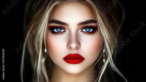 Wallpaper Mural Close Up Portrait of a Blonde Woman with Blue Eyes and Red Lips Against a Dark Background Torontodigital.ca