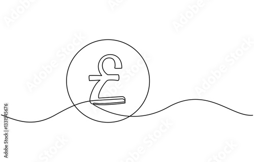 Continuous line drawing of pound sterling symbol. Line art of pound coin sign, pound sterling sign continuous one line drawing,