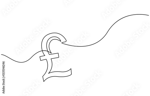 Continuous line drawing of pound sterling symbol. Line art of pound coin sign, pound sterling sign continuous one line drawing,