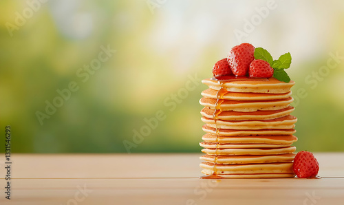 Delicious Stack of Pancakes with Fresh Strawberries and Maple Syrup