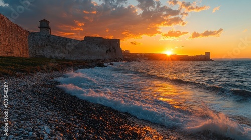 Sunset waves crash against historical fortification coastal area landscape photography serene environment wide view