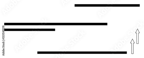 Black horizontal bars align in varying lengths accompanied by two upward arrows, symbolizing direction, progress, hierarchy, and focus. Ideal for growth, movement, guidance, navigation structure