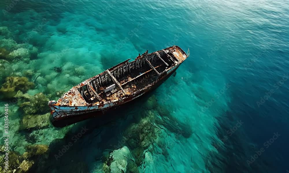 Sunken boat in turquoise waters, aerial view. Coastal rocks visible. Ideal for travel, adventure, or environmental themes Sunken boat in turquoise waters, aerial view. Coastal rocks visible. Ideal for travel, adventure, or environmental themes