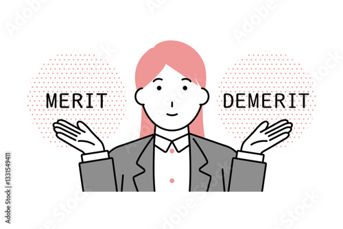 メリットとデメリットを紹介するスーツを着た女性のイメージイラスト