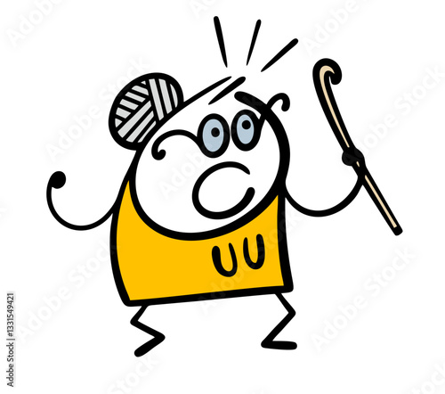 An evil old woman waves a stick, threatens, grumbles and scolds the youth. Vector illustration of a disgruntled stickman with gray hair and glasses. Cartoon character  isolated on white background.