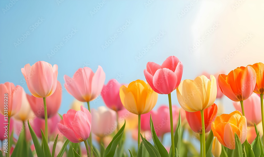 Fototapeta premium Colorful Tulip Flowers Blooming Under Bright Blue Sky