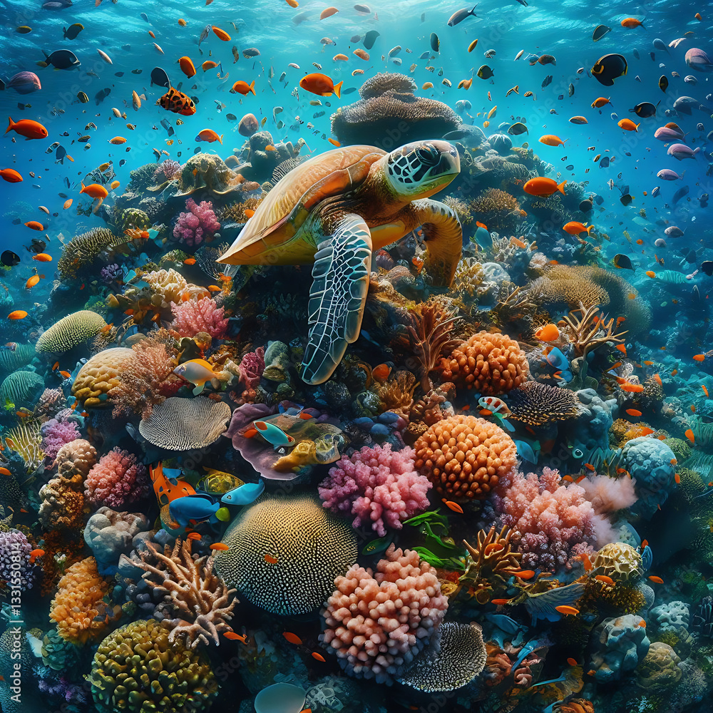 Naklejka premium Sea Turtle in Coral Reef