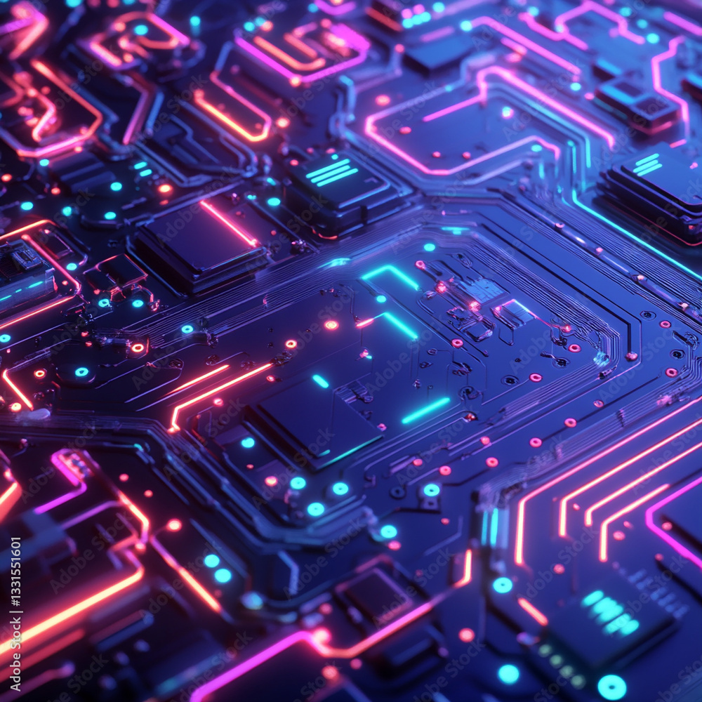 Futuristic glowing computer circuit board with neon lights Futuristic glowing computer circuit board with neon lights