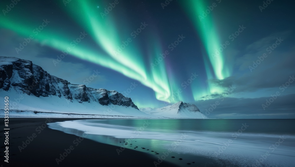 Naklejka premium Vivid northern lights illuminate a snowy mountain landscape at nighttime in Iceland