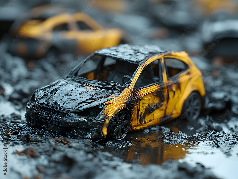 Fototapeta premium Damaged yellow toy car in mud