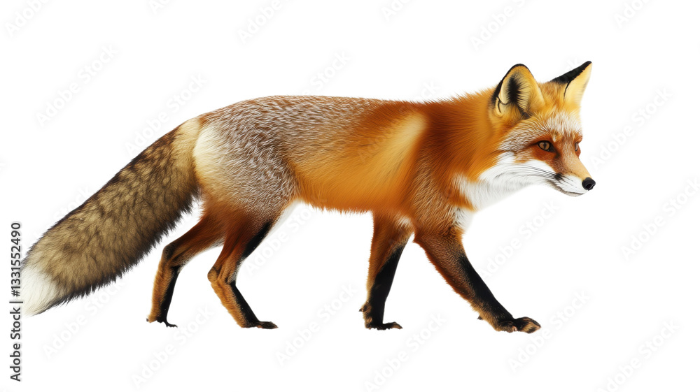 Fototapeta premium Red fox walking through a snowy landscape during winter in a forest setting