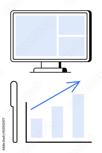 Desktop monitor displaying analytics, bar chart with upward arrow indicating growth, magnifying glass beside. Ideal for data analysis, business success, growth, statistics, strategy, productivity
