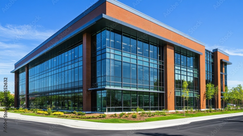 A striking modern office building features expansive glass walls and brick accents, complemented by vibrant greenery. The structure stands against a clear blue sky, radiating professionalism A striking modern office building features expansive glass walls and brick accents, complemented by vibrant greenery. The structure stands against a clear blue sky, radiating professionalism