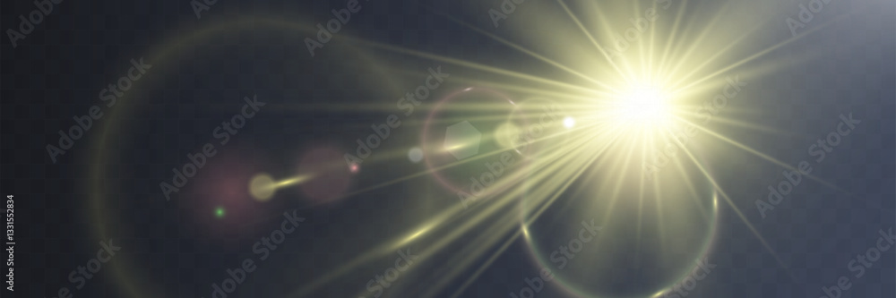 Fototapeta premium Bright white light explosion with lens flare, rainbow reflections, and sparkles on transparent background