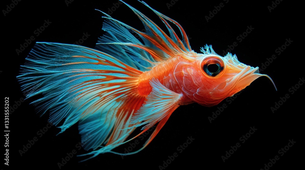Fototapeta premium Exquisite Radiance Underwater An Orange Fish with Luminous Blue Fins Against a Black Backdrop Depth