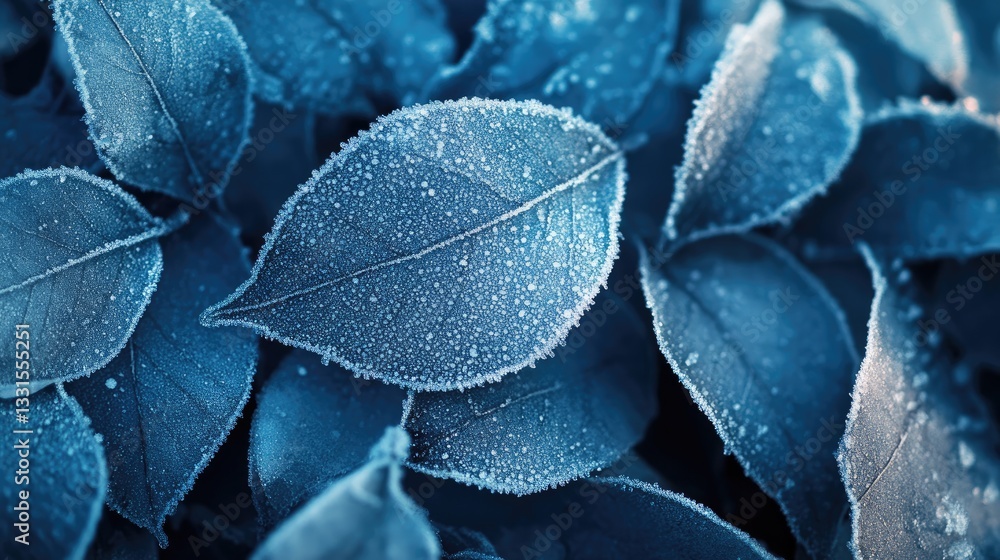 Obraz premium Close-up of Frosted Blue Leaves with Dew Drops Creating a Serene and Calm Atmosphere in Nature